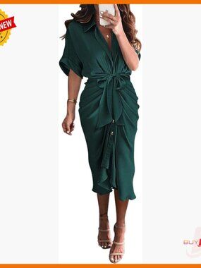 Silk Satin Maxi Dress with Ruched Waist, Button Front, Short Sleeves